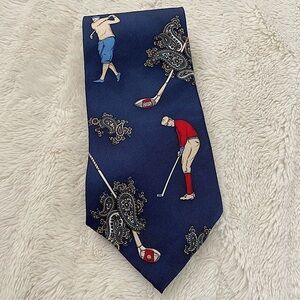 Allyn Saint George Vintage 100% Silk Golf-Themed Tie Paisley Print Blue Red